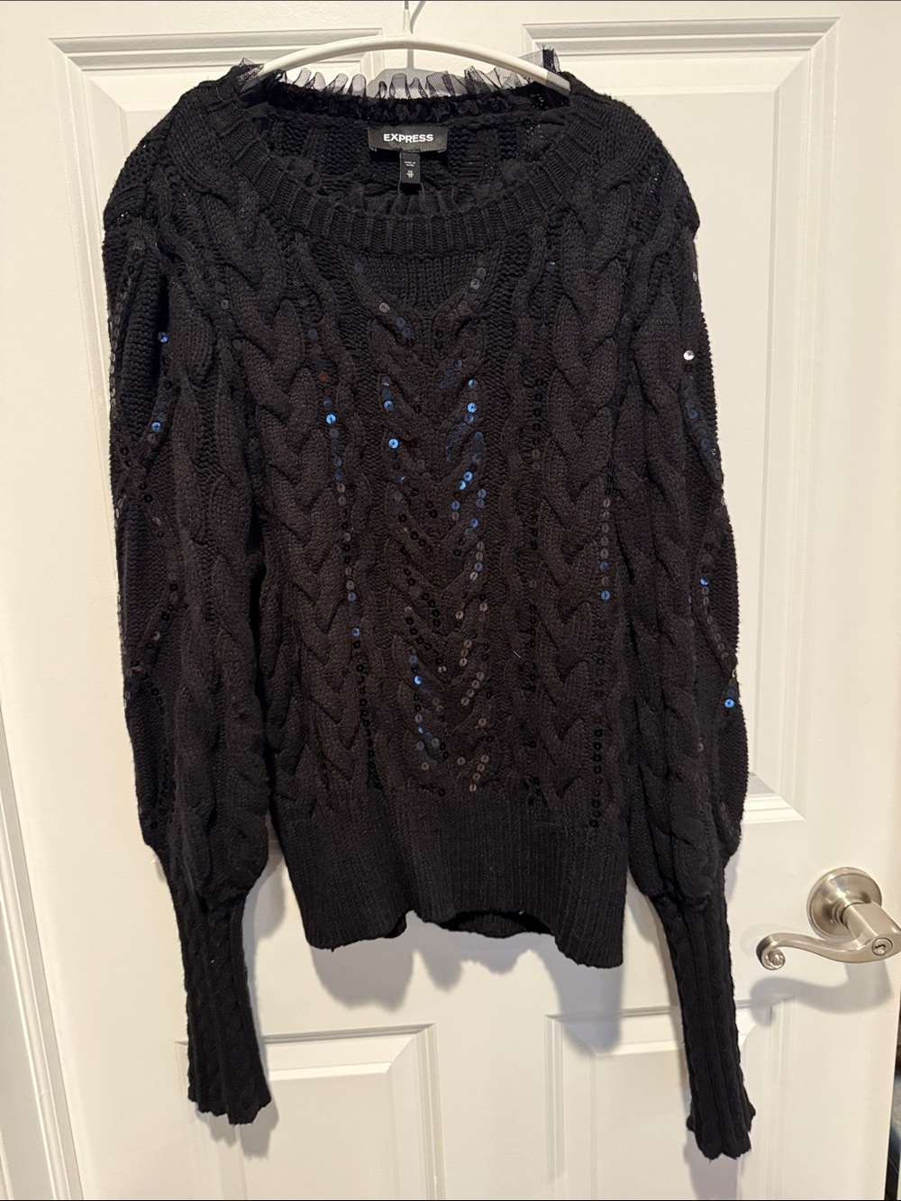 Express Black Cable Knit Sequin Crewneck Sweater